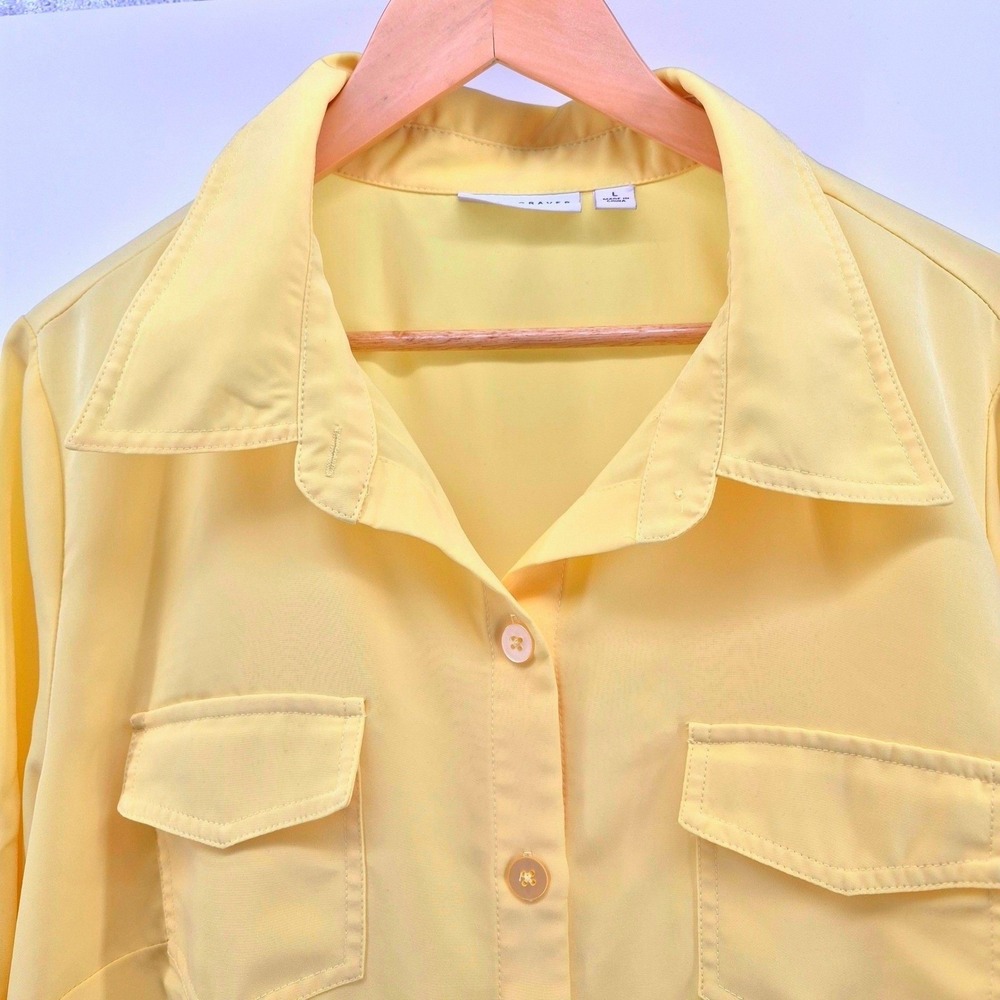 Susan Graver Women's Large Yellow Button Front Utility Blouse Roll Tab Sleeve - Picture 3 of 11